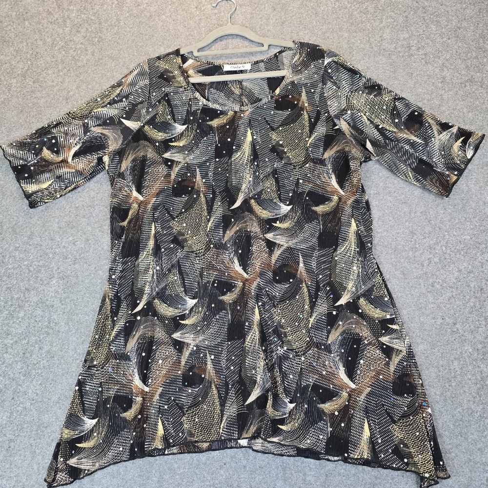 Only 9 Blouse Top Womens Multicolor Abstract Rhinestones Sharkbite Hem Flowy